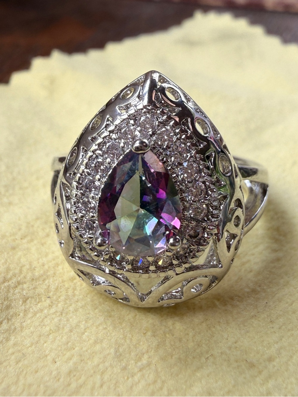 Sterling Silver Mystic Topaz
Ornate Statement Ring (Size 7)